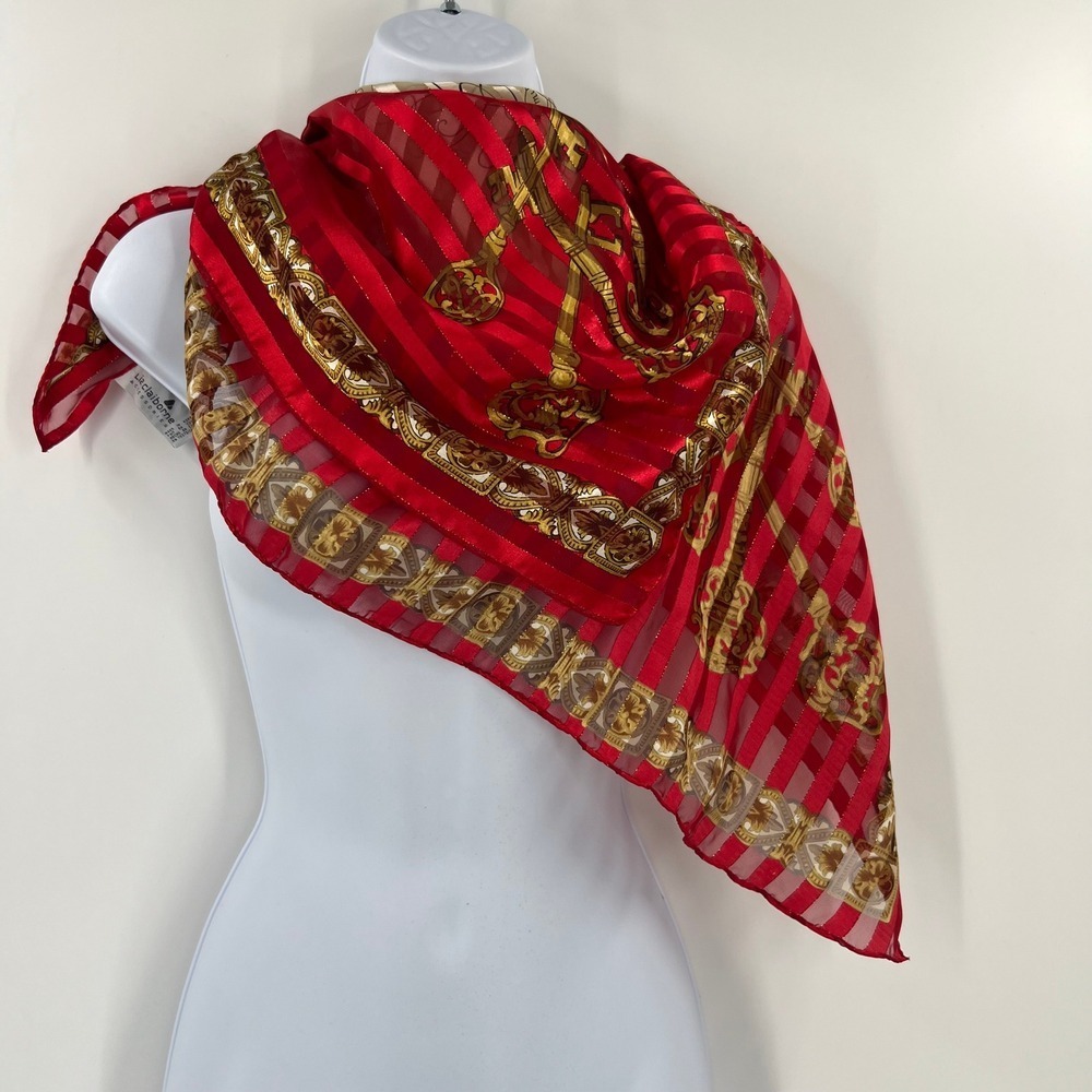 Vintage Liz Claiborne Scarf Sheer Stripe Red Gold Skeleton‎ Keys Script Baroque